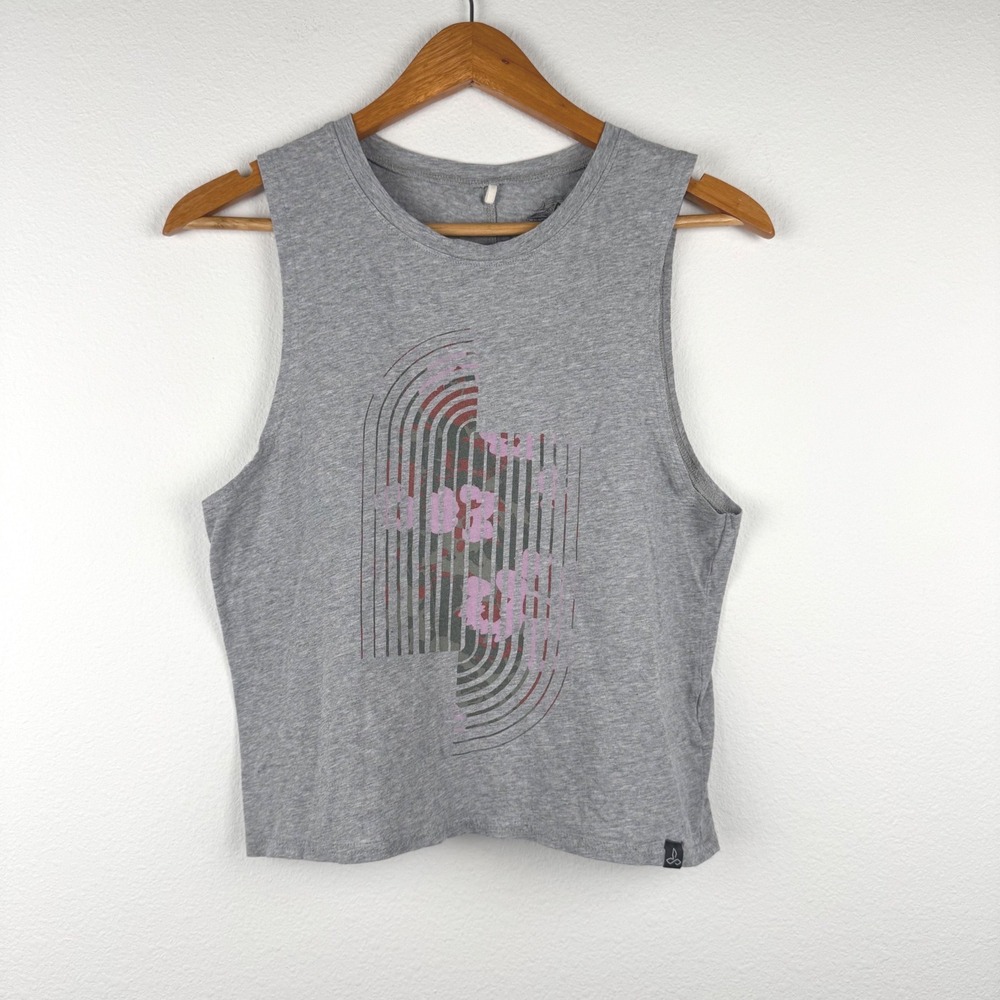 Prana Muscle Tank Top Women Small Gray Excellent Athleisure Graphic Crop